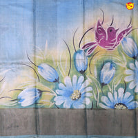 Pure Tussar Silk Saree Pastel Blue Shade and Cs Blue With Floral Design and Painted Prints and Zari Woven Border - Thenianantham