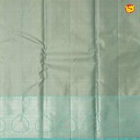 Light Pista Green With Sea Blue Checked Floral Motifs Silver Zari Border Pure Kanjivaram Subhalaya Wedding Silk Saree - Thenianantham