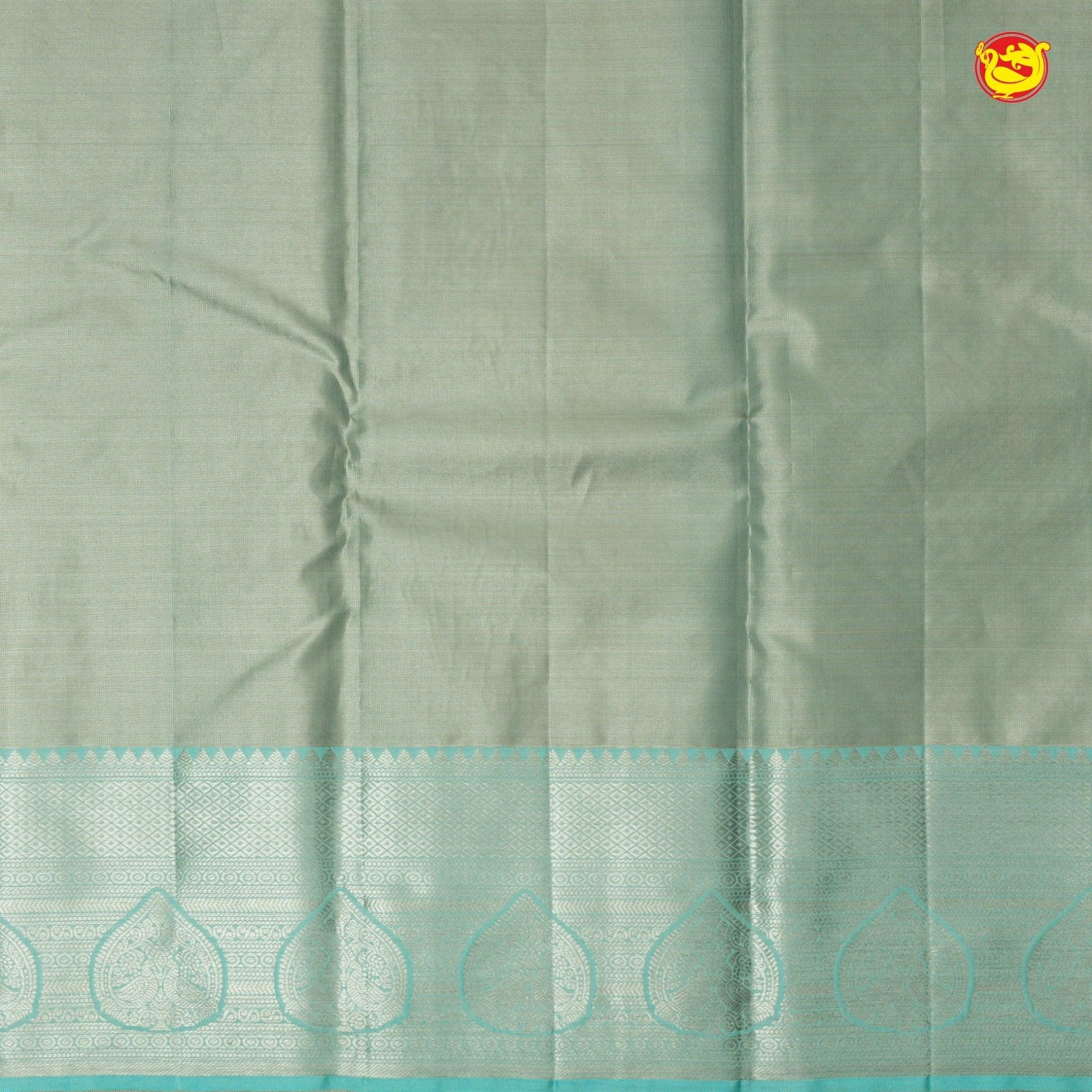 Light Pista Green With Sea Blue Checked Floral Motifs Silver Zari Border Pure Kanjivaram Subhalaya Wedding Silk Saree - Thenianantham