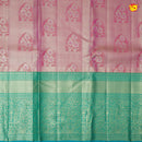 Pink With Peacock Blue Floral Motifs Gold Zari Long Border Pure Kanjivaram Subhalaya Wedding Silk Saree - Thenianantham