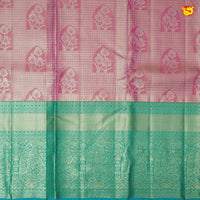 Pink With Peacock Blue Floral Motifs Gold Zari Long Border Pure Kanjivaram Subhalaya Wedding Silk Saree - Thenianantham