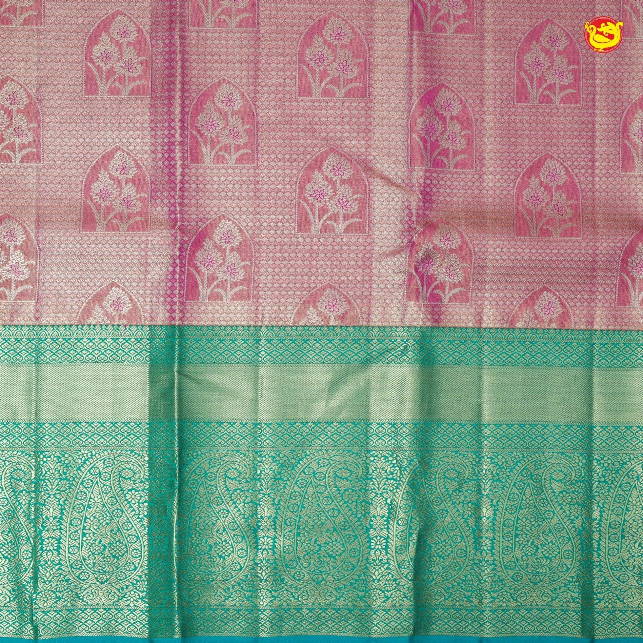 Pink With Peacock Blue Floral Motifs Gold Zari Long Border Pure Kanjivaram Subhalaya Wedding Silk Saree - Thenianantham