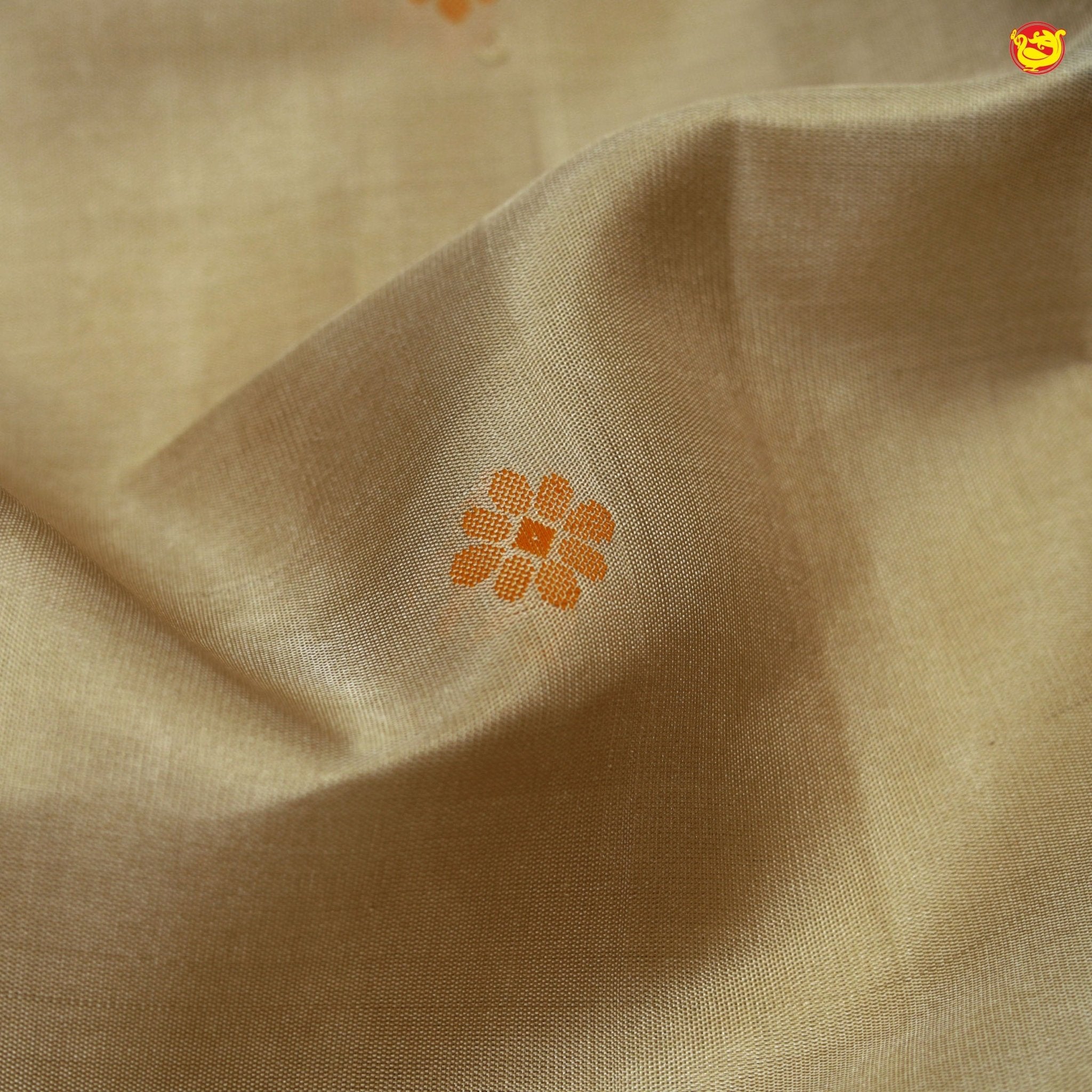 Beige and Light Orange Jacquard Pallu And Floral Buttas Kanchipuram Soft Silk Saree - Thenianantham