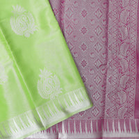 Couple Combo Tissue Silk Set – Men’s Shirt & Dhoti with Matching Women’s Saree With Pista Green With Silver Zari Border