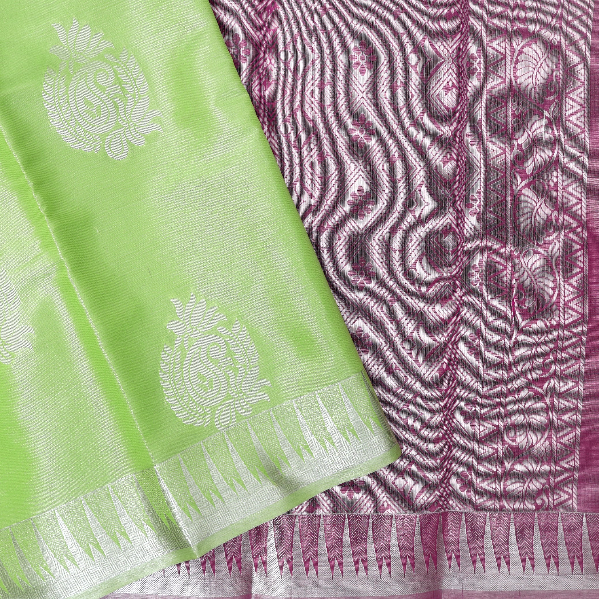 Couple Combo Tissue Silk Set – Men’s Shirt & Dhoti with Matching Women’s Saree With Pista Green With Silver Zari Border