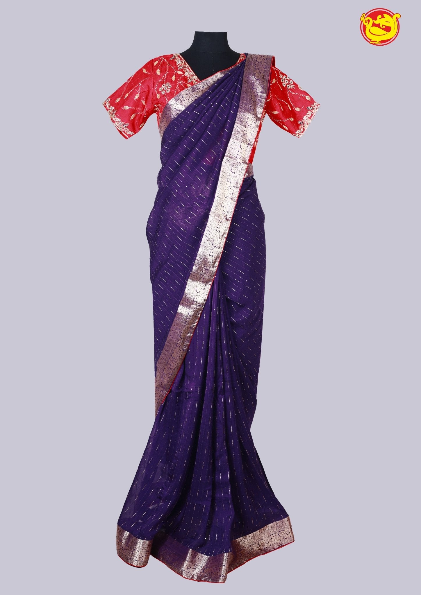 Purple With Tomato Pink Stripes and Sequins Design Raw Silk Designer Saree with Readymade Designer HandWork Blouse