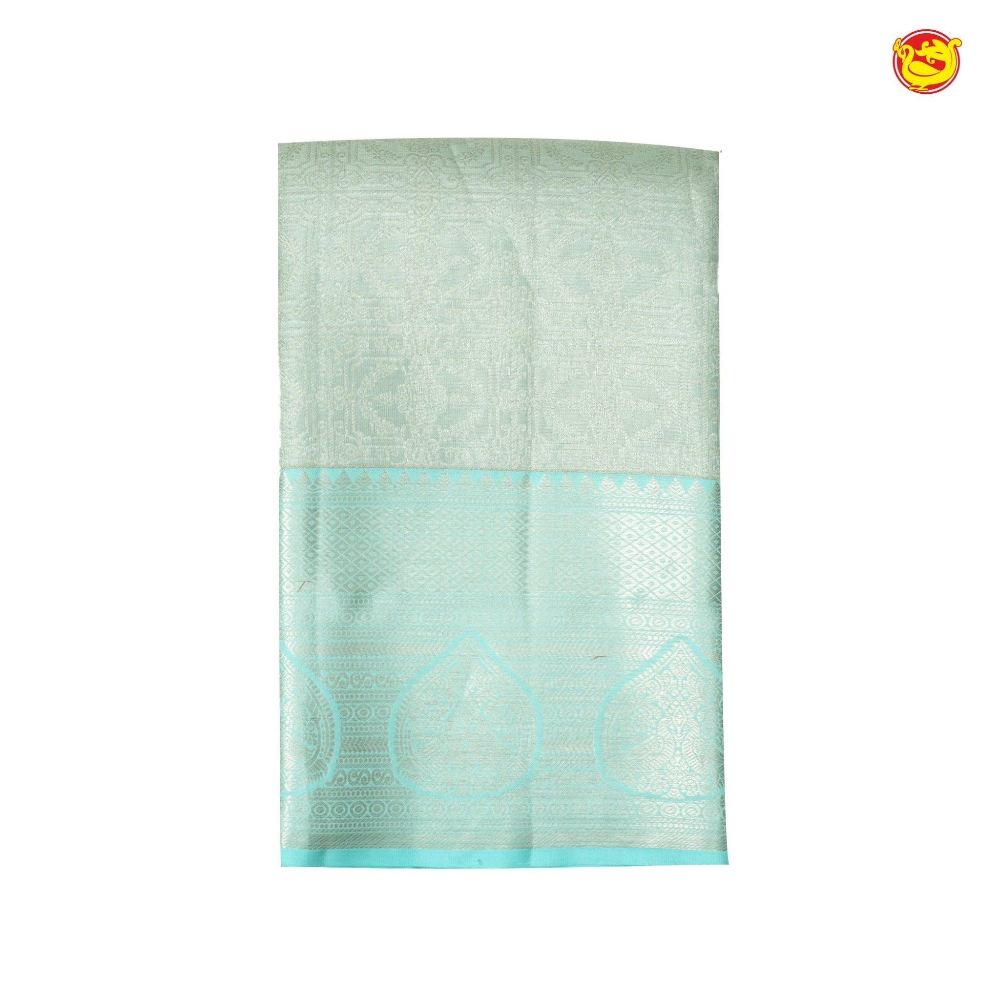 Light Pista Green With Sea Blue Checked Floral Motifs Silver Zari Border Pure Kanjivaram Subhalaya Wedding Silk Saree - Thenianantham