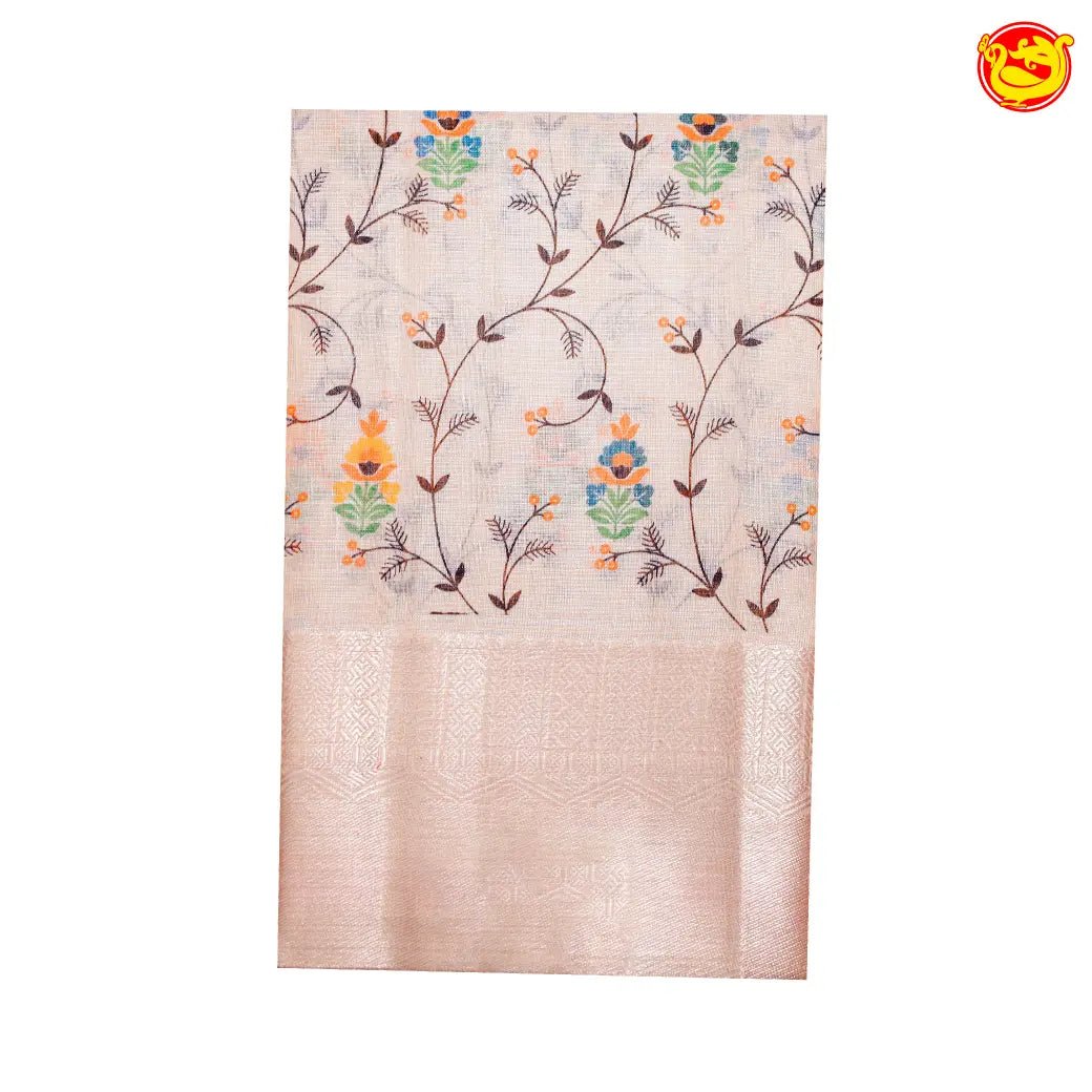 Pastel peach linen tissue saree with embroidery