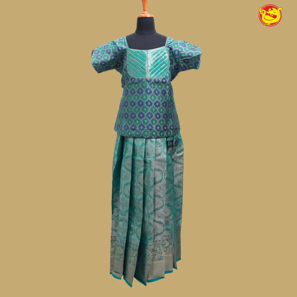 Green with Blue Girls Branded Readymade Pattu Pavadai