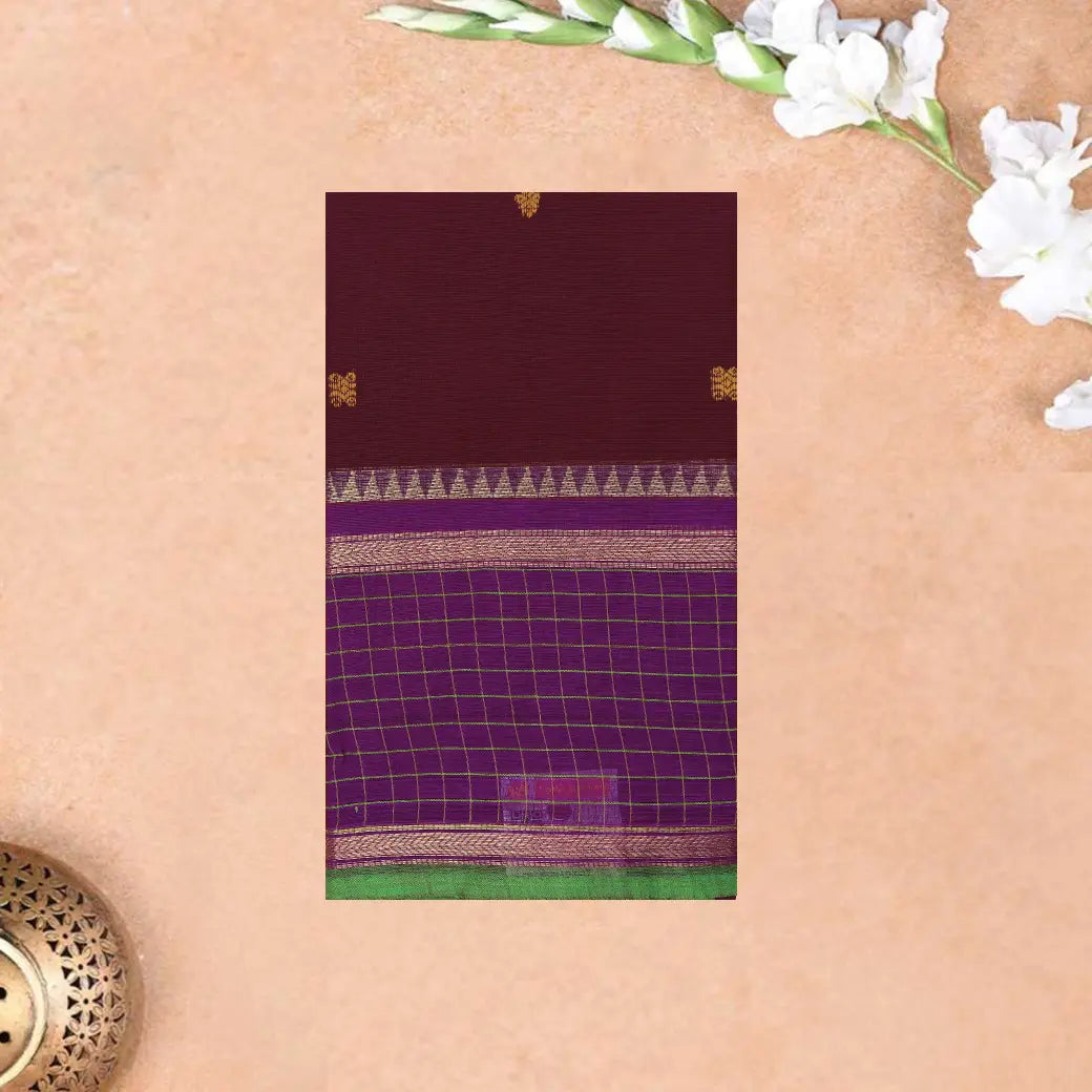 Maroon with Purple and Green Pure Chettinad Cotton Saree without Blouse