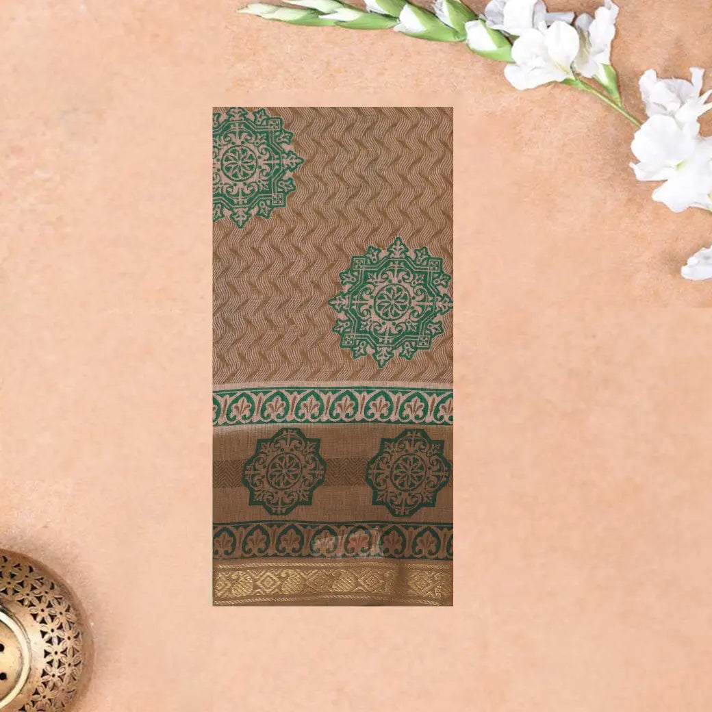 Brown with green Floral Design Mul Mul Cotton Saree without Blouse