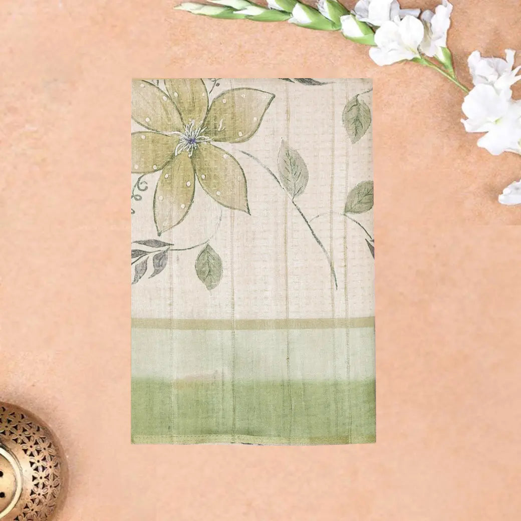 Off white with green floral design Semi Chanderi Silk Saree