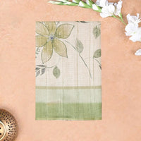 Off white with green floral design Semi Chanderi Silk Saree