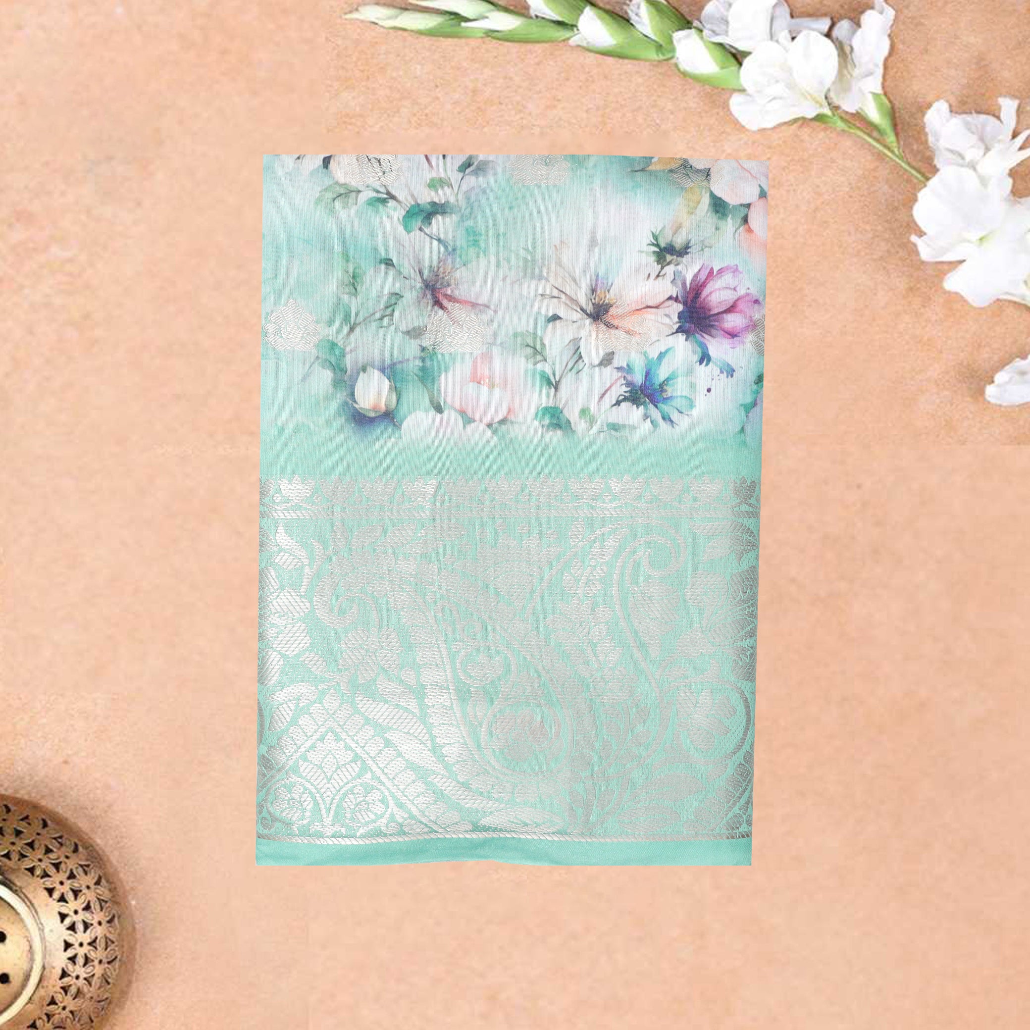 Light Green With Orange Floral Design Dola Silk