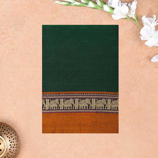 Green With Orange Traditional Narayanpet Cotton Saree with Contrast Border