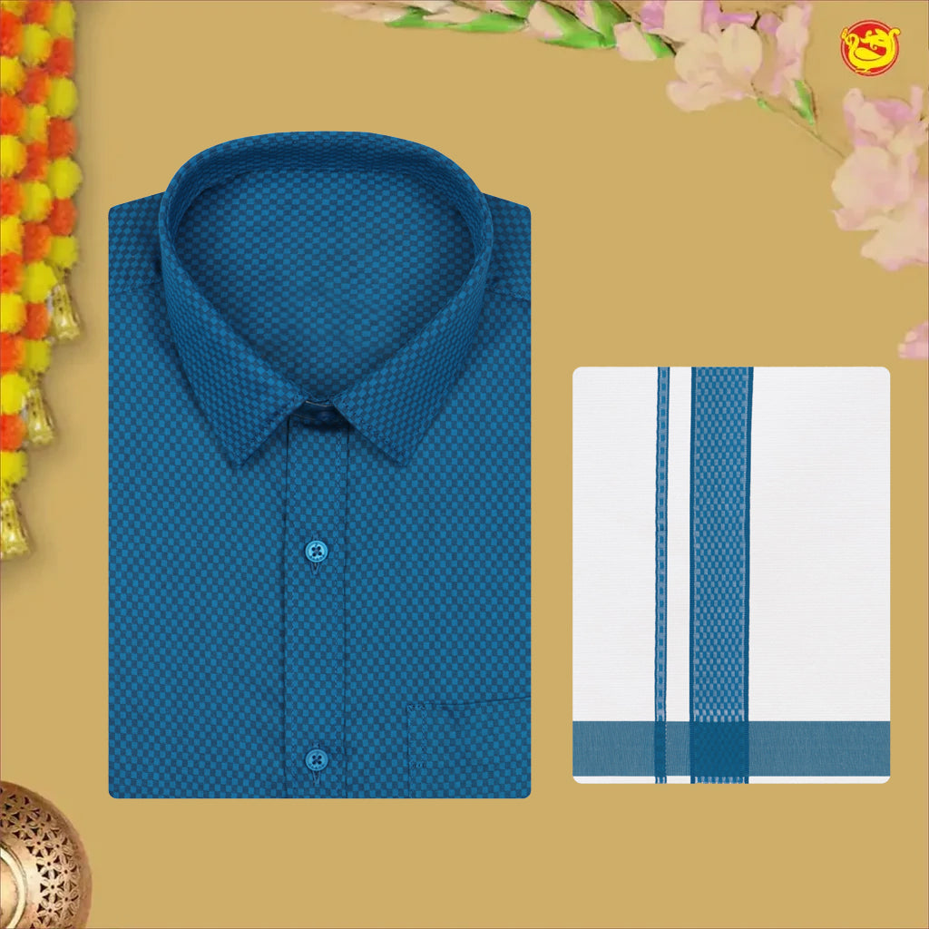 Peacock Blue With White Dhoti Readymade Small Checked Shirt And Matching Border Dhoti Set for Men