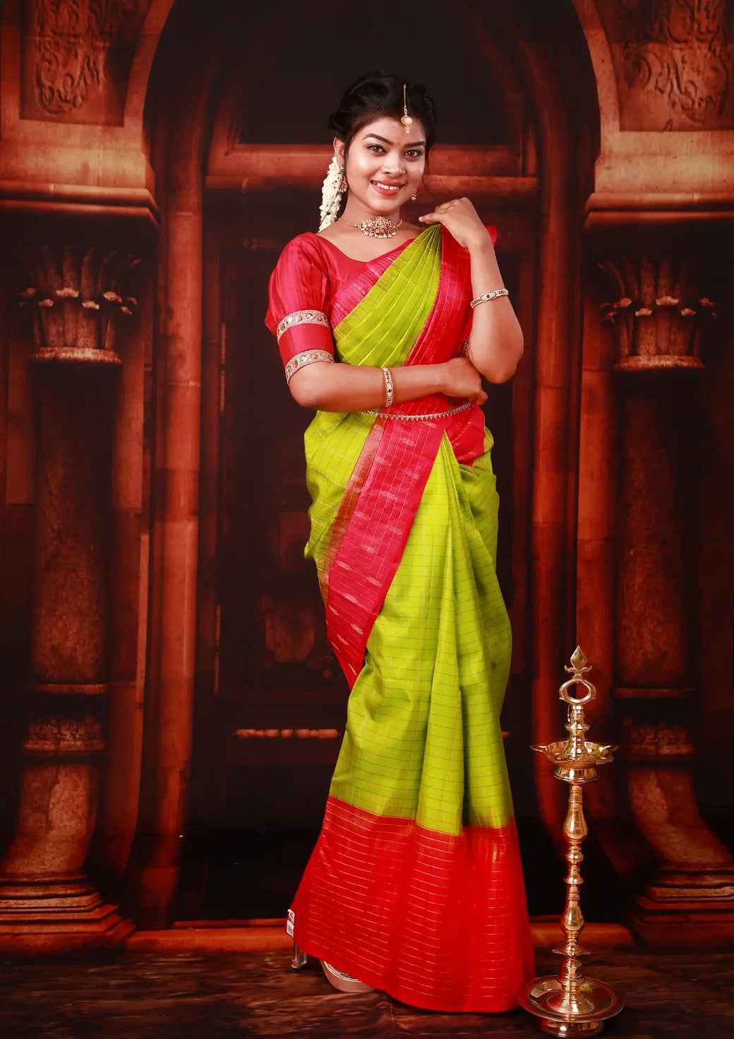 Green With  Hot Pink Copper Zari Border Yuvana Semi Soft Silk Saree