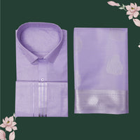 Couple Combo Tissue Silk Set – Men’s Shirt & Dhoti with Matching Women’s Saree With Lavender Colour With  Silver Zari Border