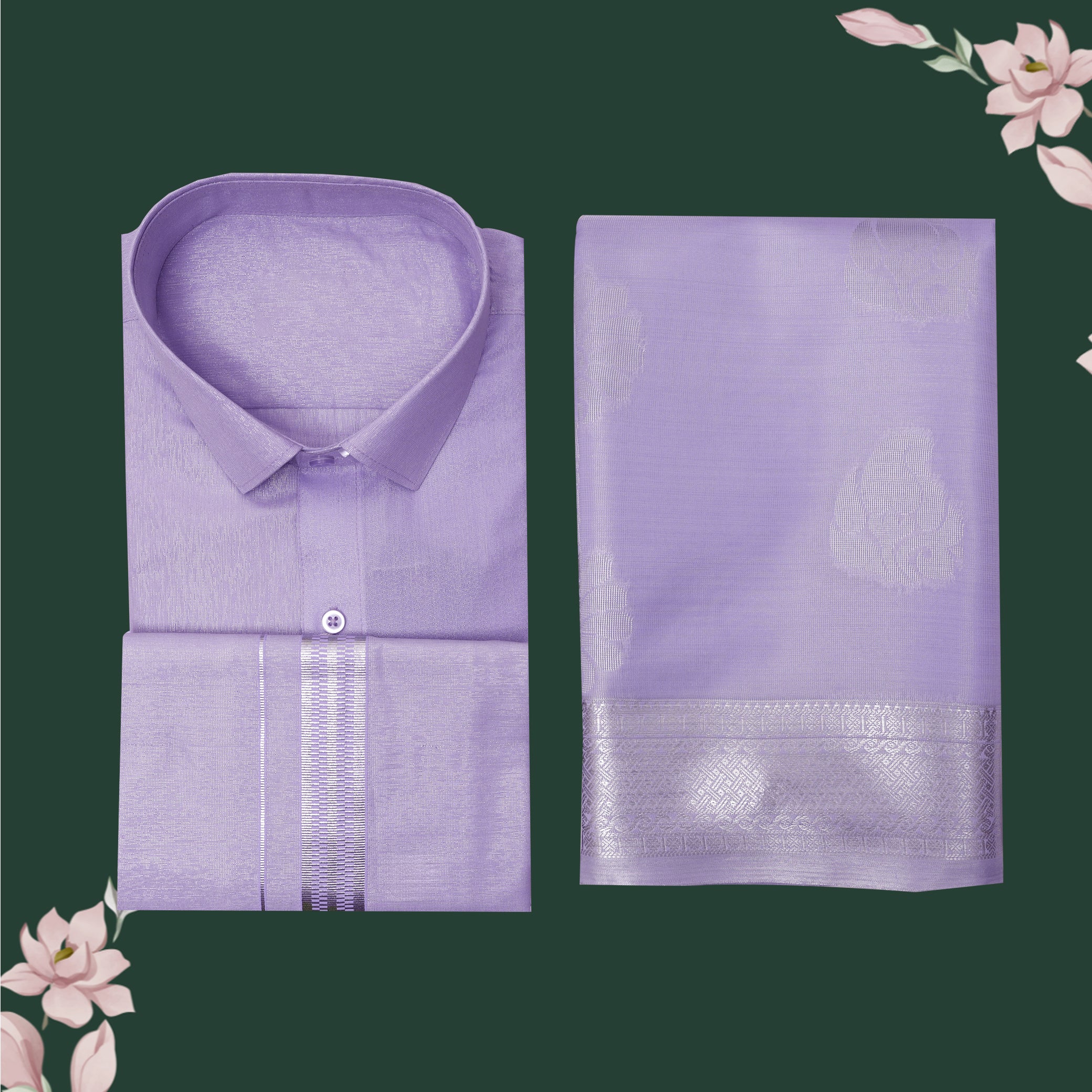 Couple Combo Tissue Silk Set – Men’s Shirt & Dhoti with Matching Women’s Saree With Lavender Colour With  Silver Zari Border