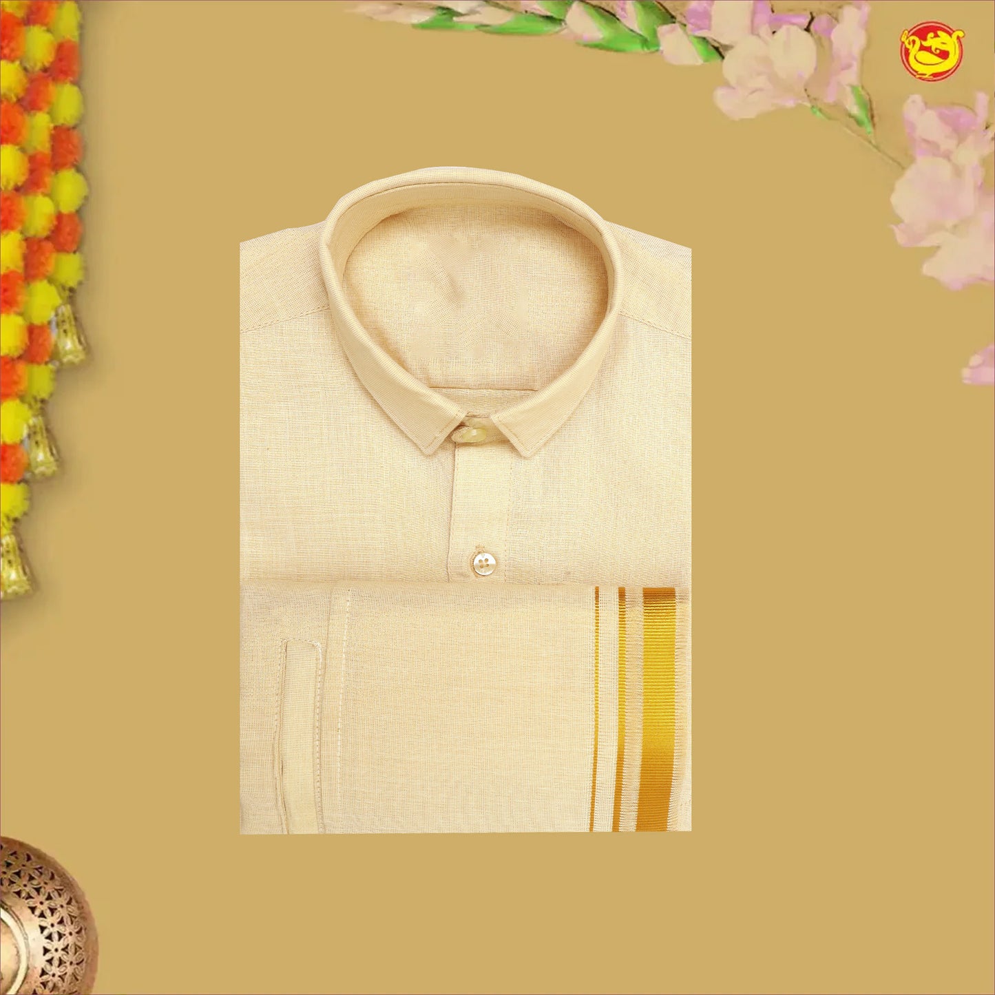 Gold Tissue  Boy’s  Readymade Shirt And Dhoti Set