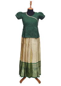 Green With Gold Girls Branded Readymade Pattu Pavadai
