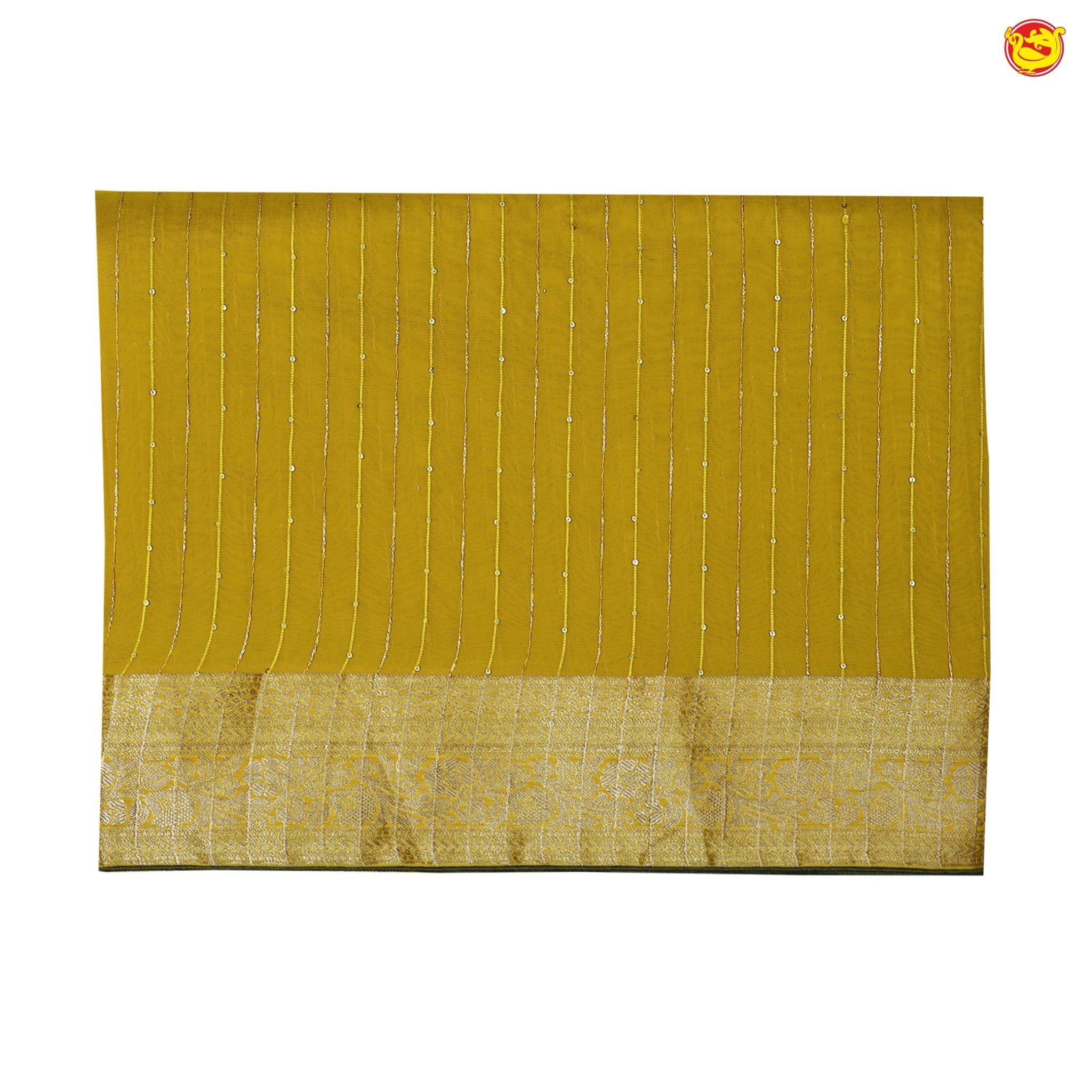 Mustard Yellow With Dark Olive Green Stripes and Sequins Design Raw Silk Designer Saree with Readymade Designer HandWork Blouse