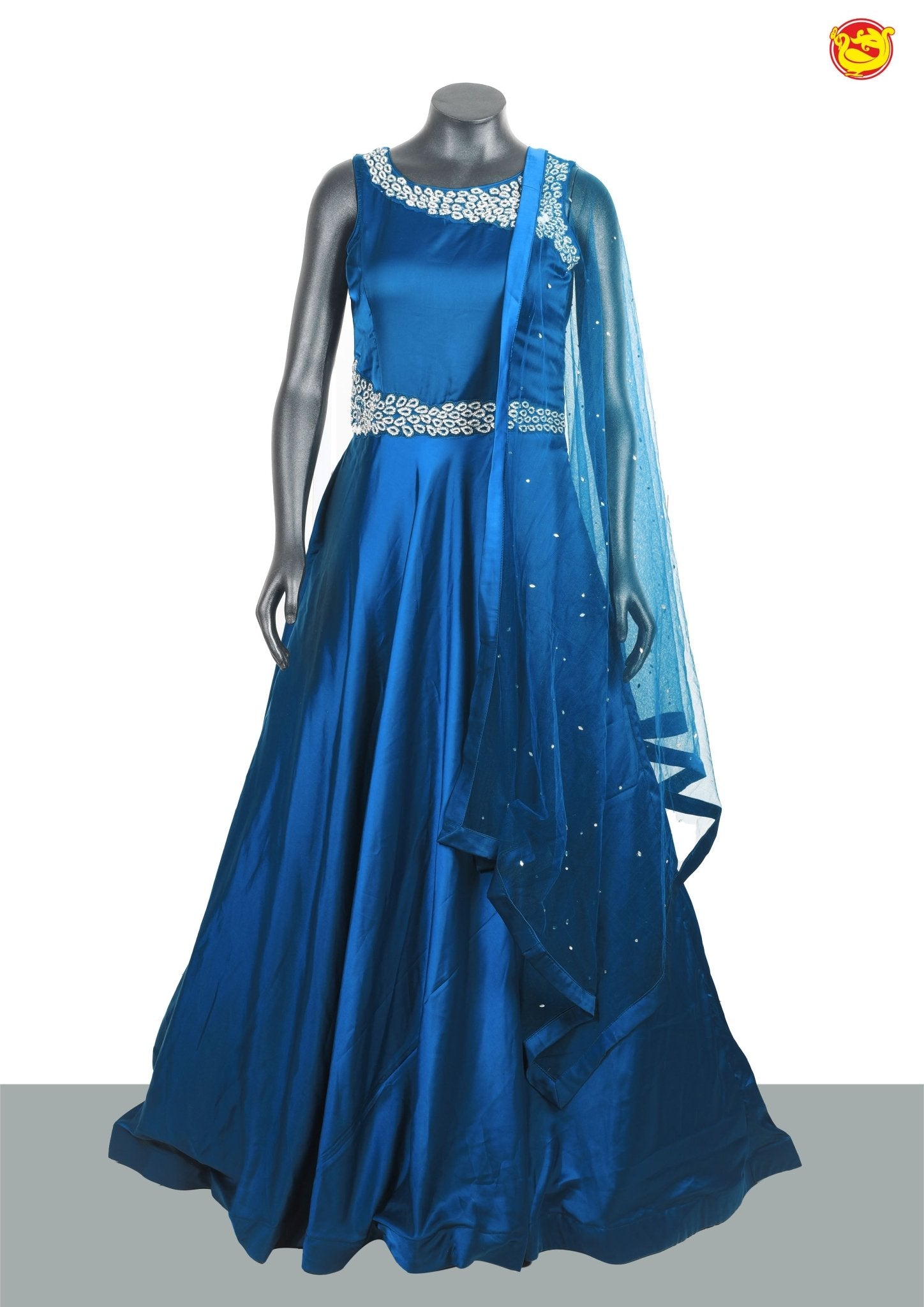 Peacock Blue With Bead And Stone Work Satin Party Gown - Thenianantham