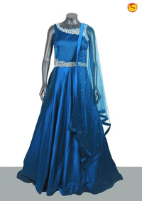 Peacock Blue With Bead And Stone Work Satin Party Gown - Thenianantham