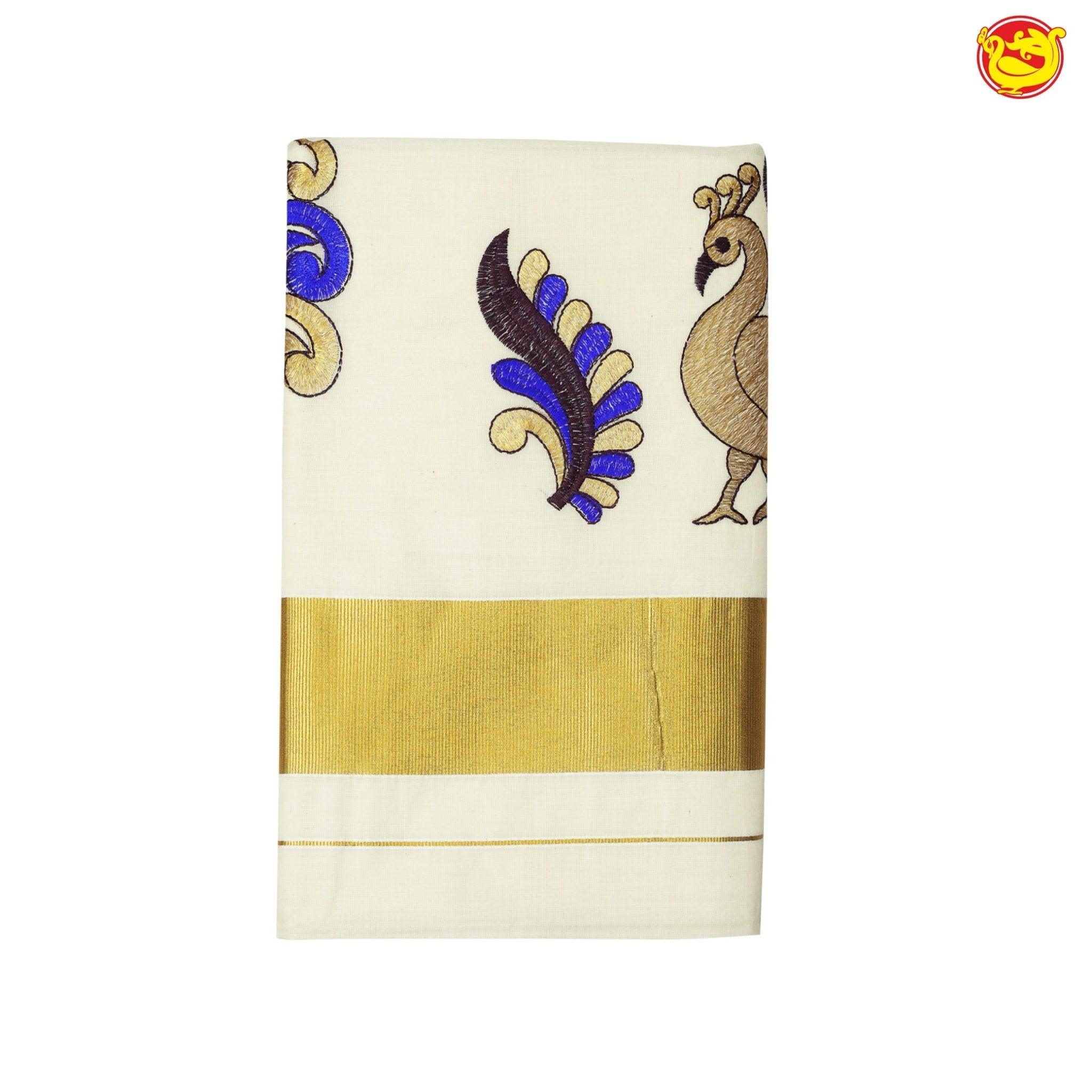 Southloom Exclusive Onam Kasavu Saree With Peacock Design High Quality Embroidery Across Body (Matching Plain Blouse Included)