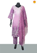 Light Purple and White with Floral Embroidery Cut work Ladies Branded Readymade Straight Cut Chudi Set - Thenianantham