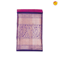 Magenta With Navy Blue Checked Floral Motifs Copper Zari Long Border Pure Kanjivaram Soft Silk Saree - Thenianantham