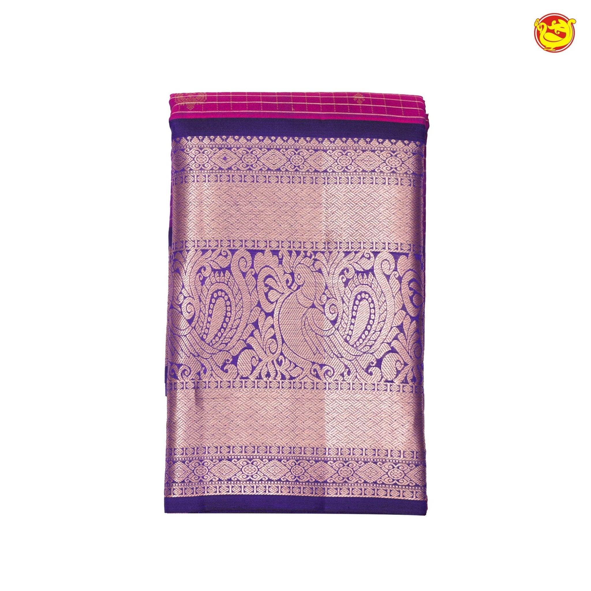 Magenta With Navy Blue Checked Floral Motifs Copper Zari Long Border Pure Kanjivaram Soft Silk Saree - Thenianantham