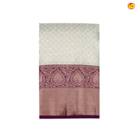 Half White With Dark Purple Floral Motifs Gold Zari Long Border Pure Kanjivaram Subhalaya Wedding Silk Saree - Thenianantham