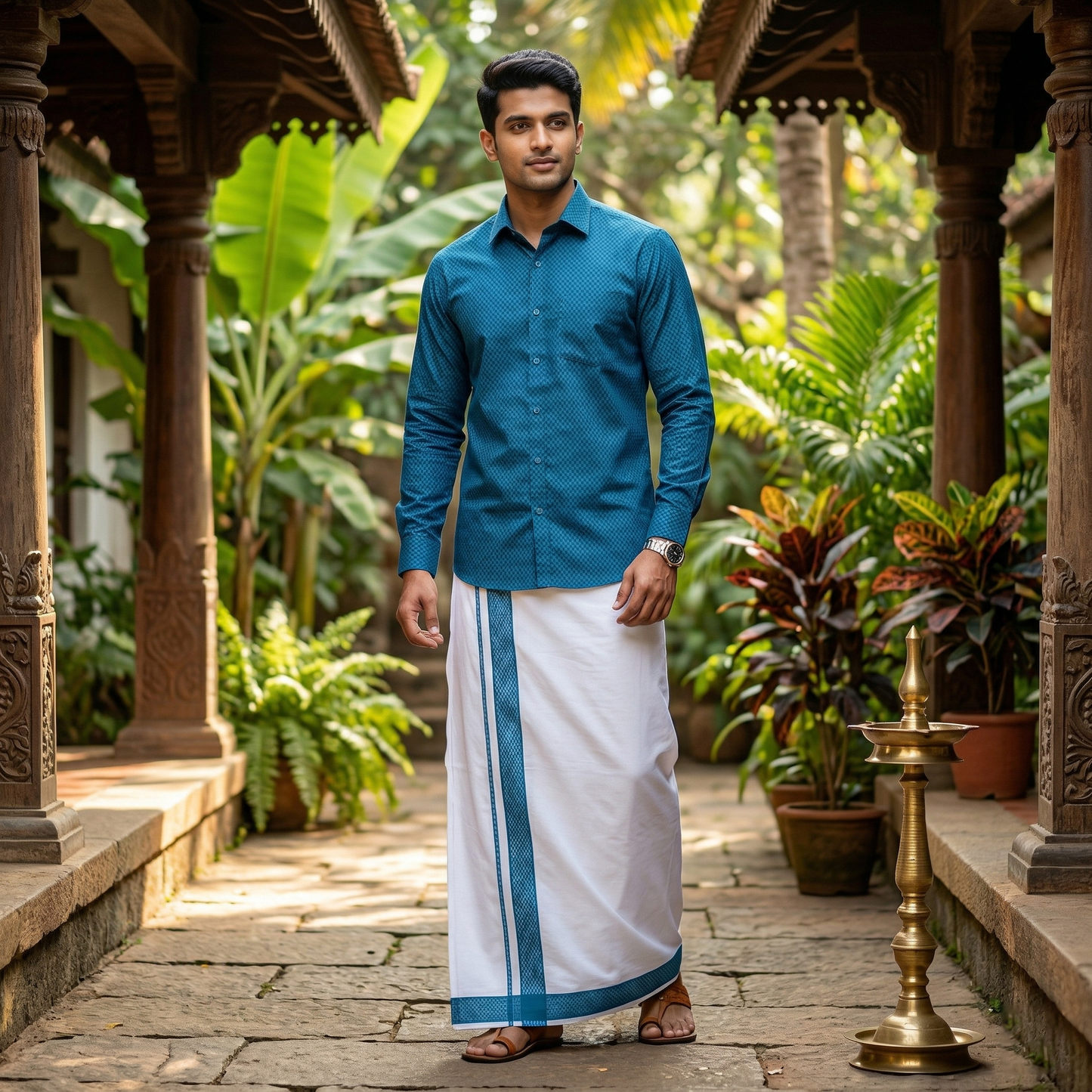Peacock Blue With White Dhoti Readymade Small Checked Shirt And Matching Border Dhoti Set for Men