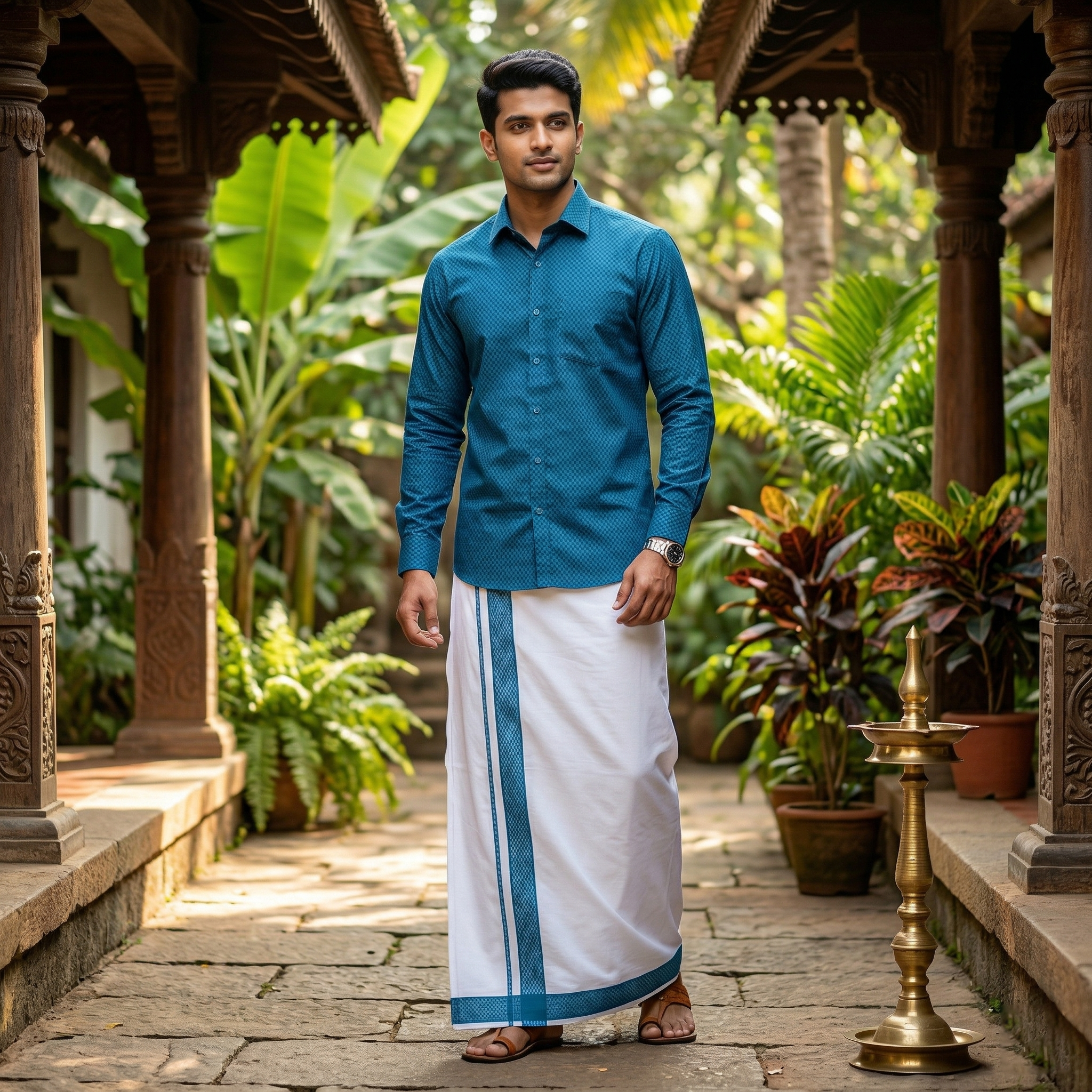 Peacock Blue With White Dhoti Readymade Small Checked Shirt And Matching Border Dhoti Set for Men