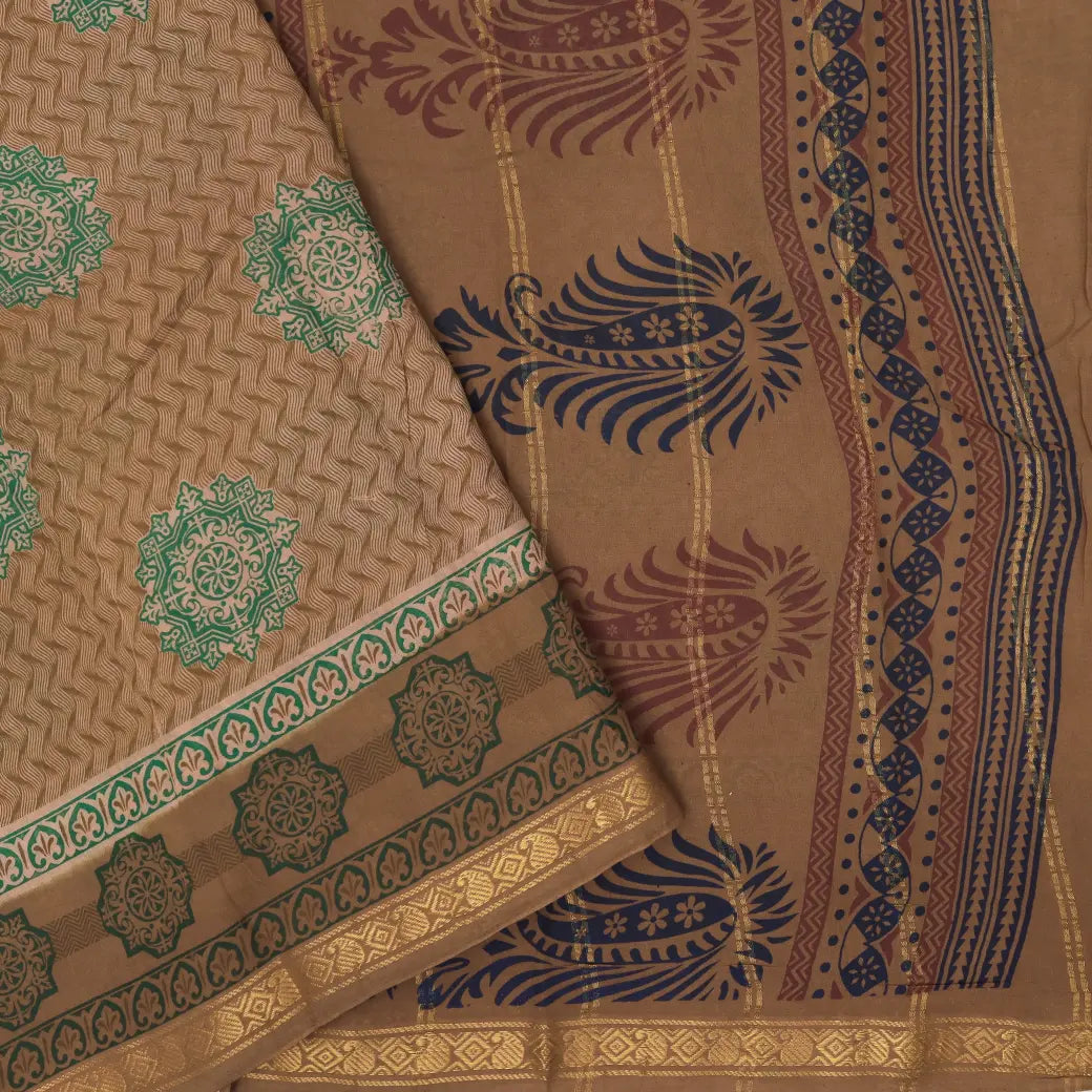 Brown with green Floral Design Mul Mul Cotton Saree without Blouse