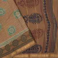 Brown with green Floral Design Mul Mul Cotton Saree without Blouse
