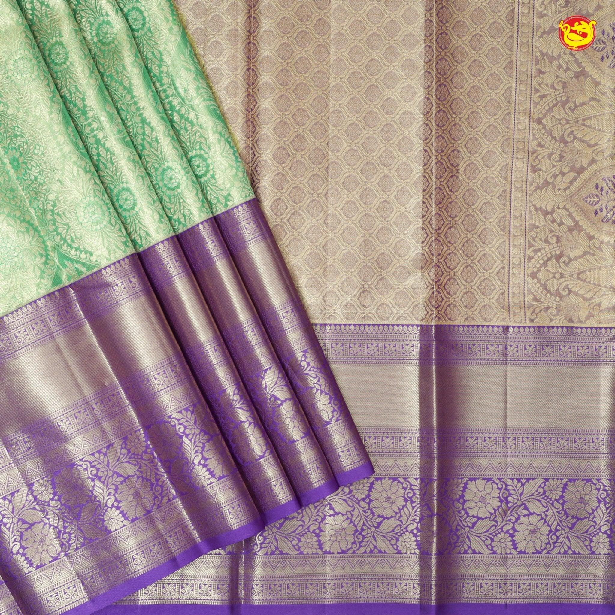 Pista Green With Lavender Floral Motifs Gold Zari Long Border Pure Kanjivaram Subhalaya Wedding Silk Saree