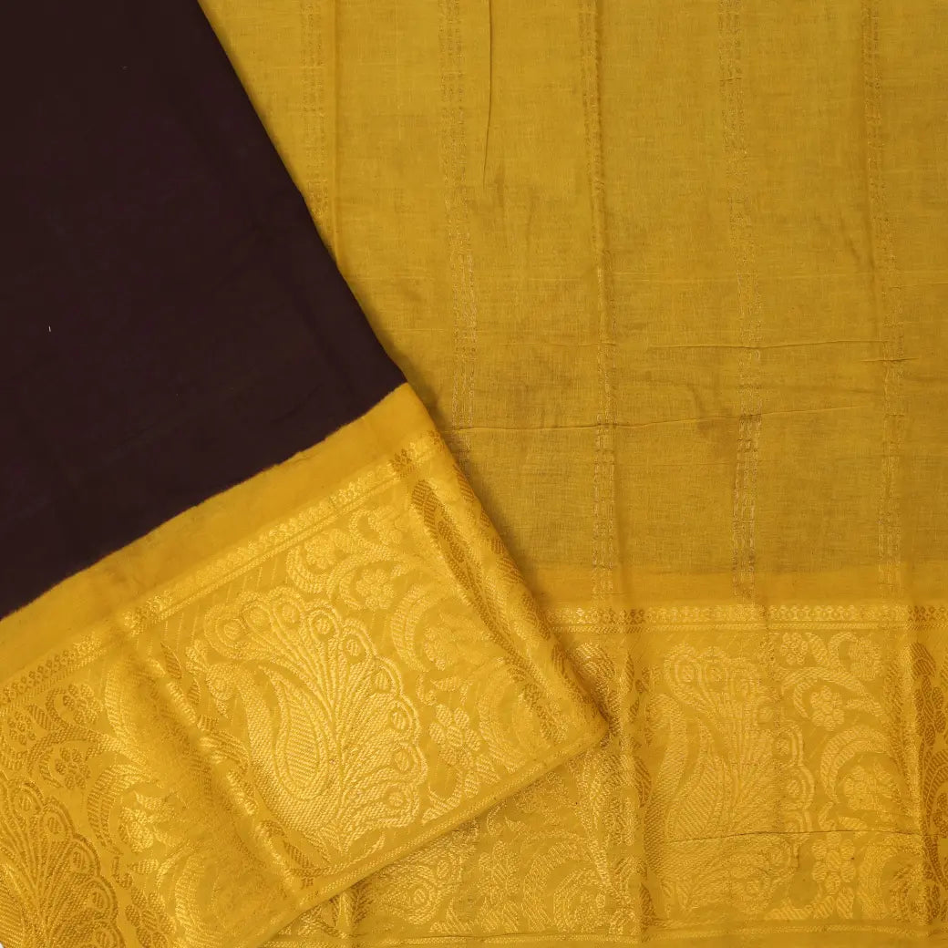 Dark Brown With Mustard Yellow Sungudi Cotton Saree without Blouse