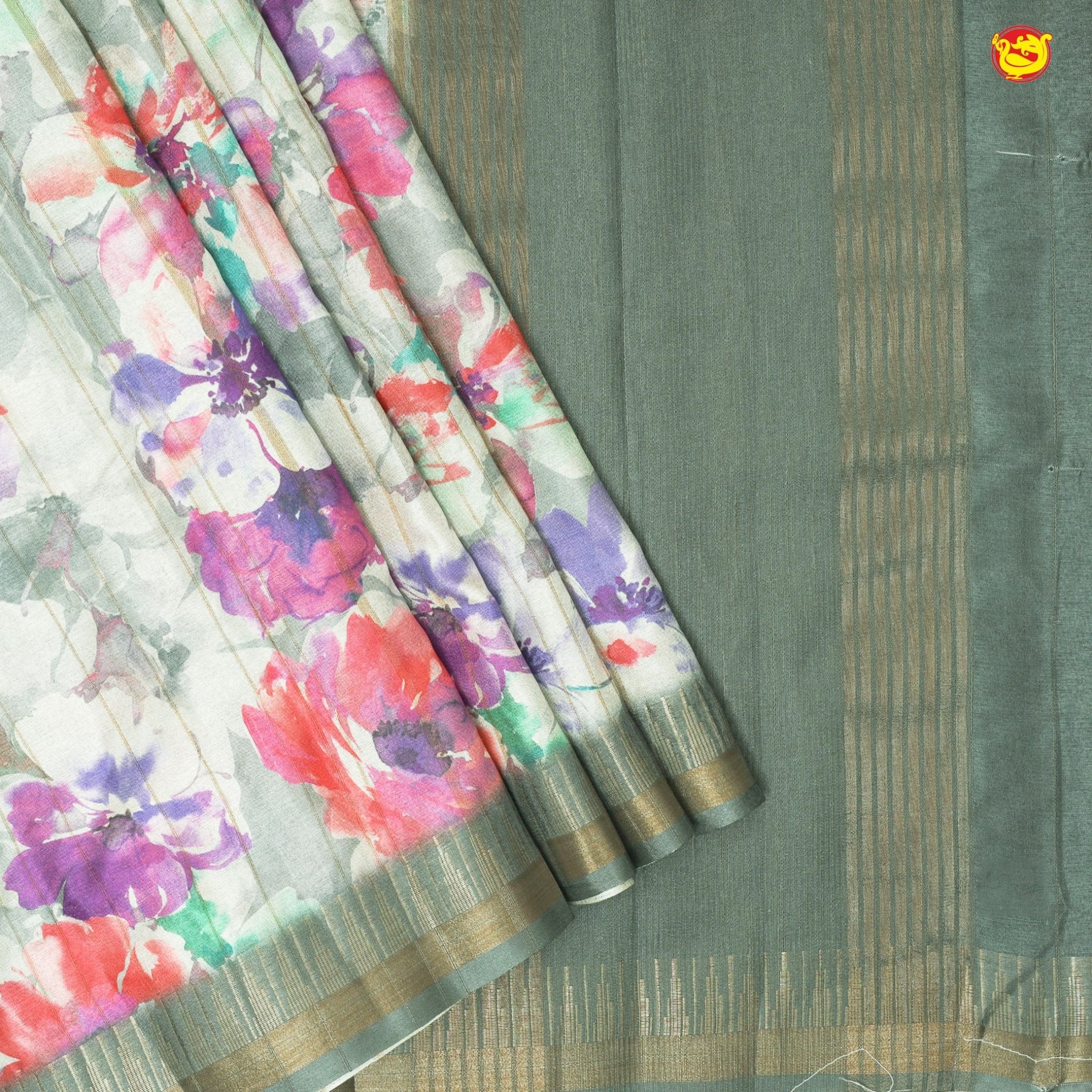 Unique Multicolour Pure Art Chanderi Silk Saree with Floral Digital Art Gold Zari Border - Thenianantham