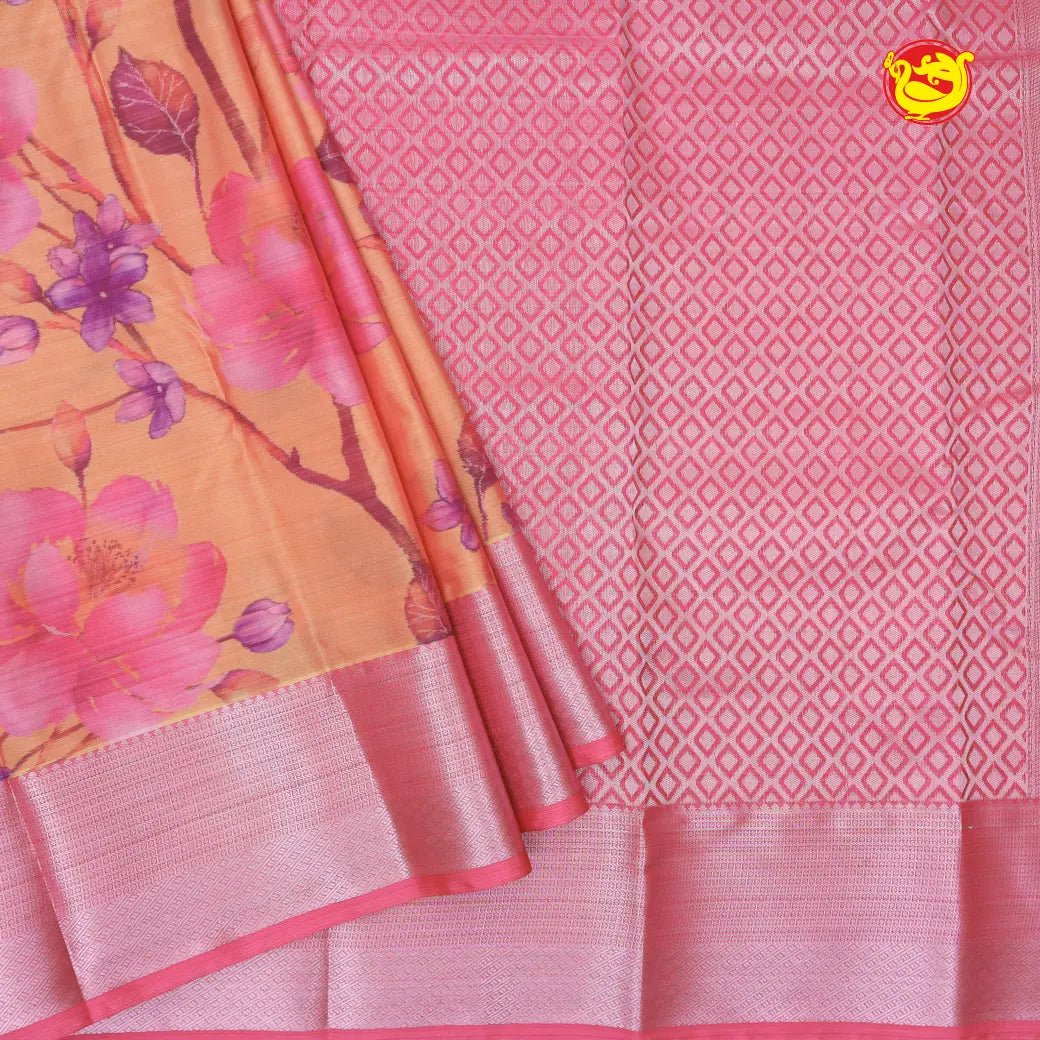 Light Orange With Pink Digital Print Soft Silk Saree