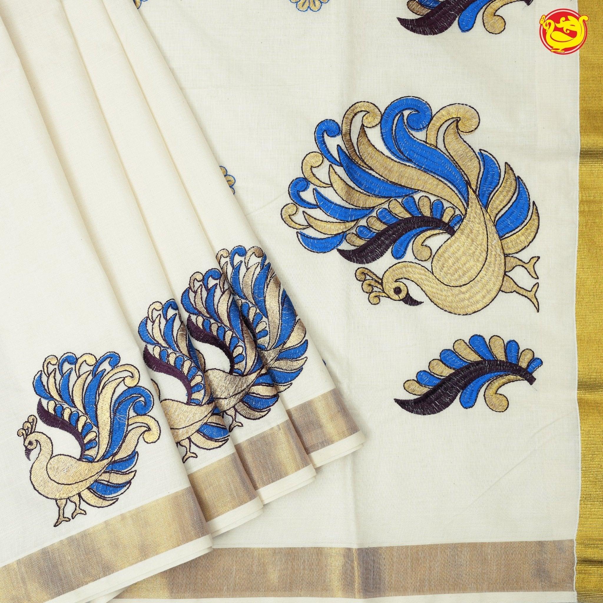 Southloom Exclusive Onam Kasavu Saree With Peacock Design High Quality Embroidery Across Body (Matching Plain Blouse Included) - Thenianantham