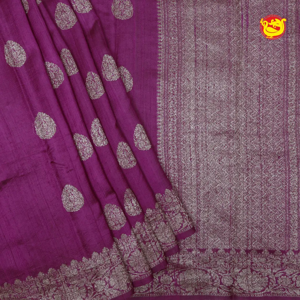 Purple With Green Contrast Blouse Floral Motifs Copper Zari Khadi Banarasi Tussar Silk Saree