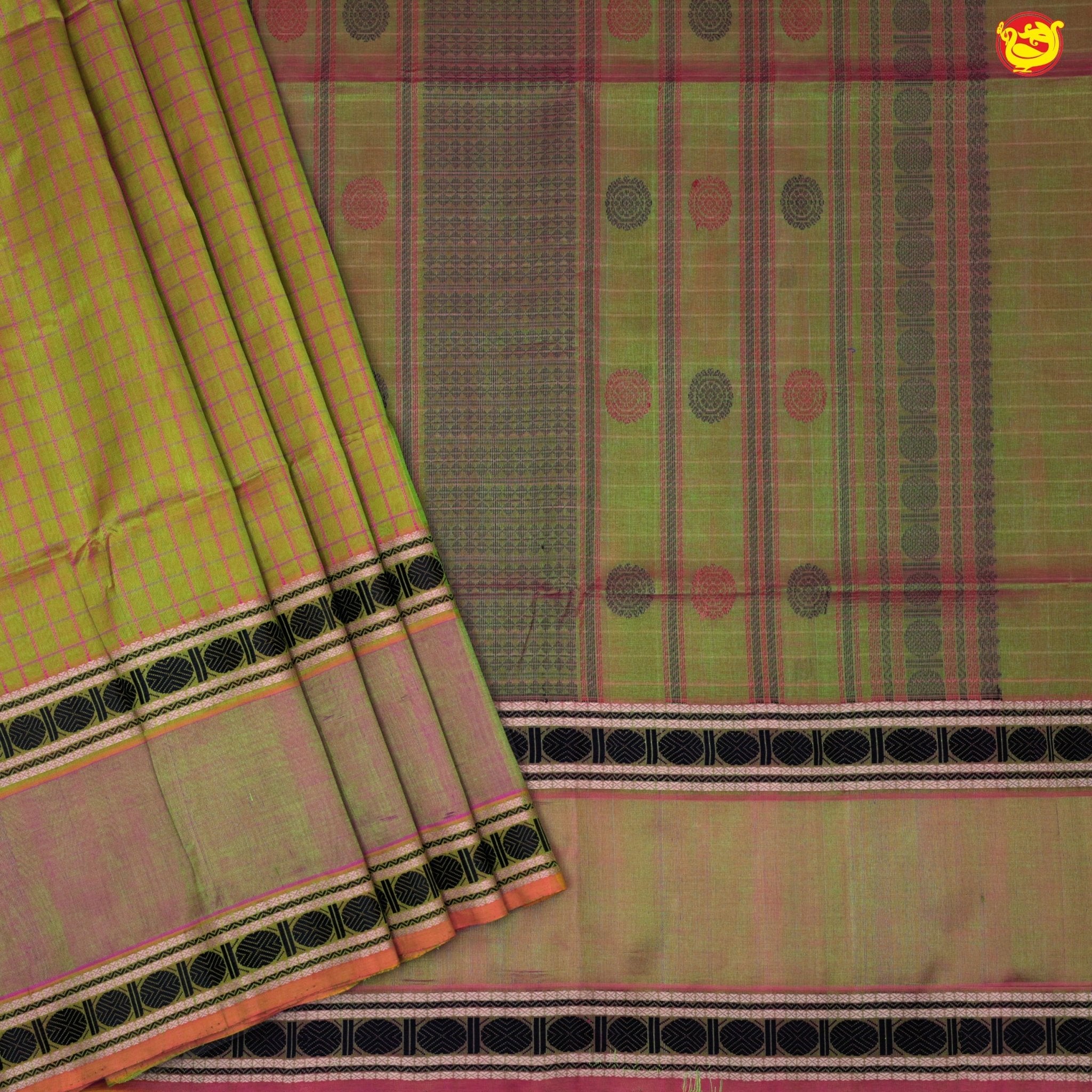 Olive Green and Gold Shine with Jacquard Checks Kanchipuram Silk Saree