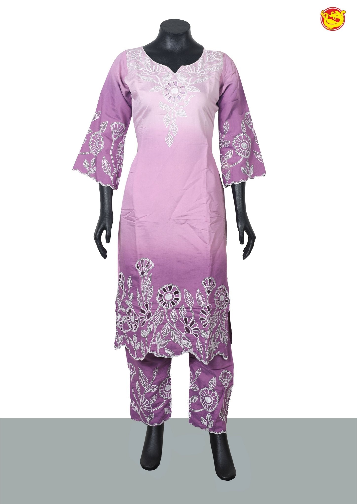 Light Purple and White with Floral Embroidery Cut work Ladies Branded Readymade Straight Cut Chudi Set