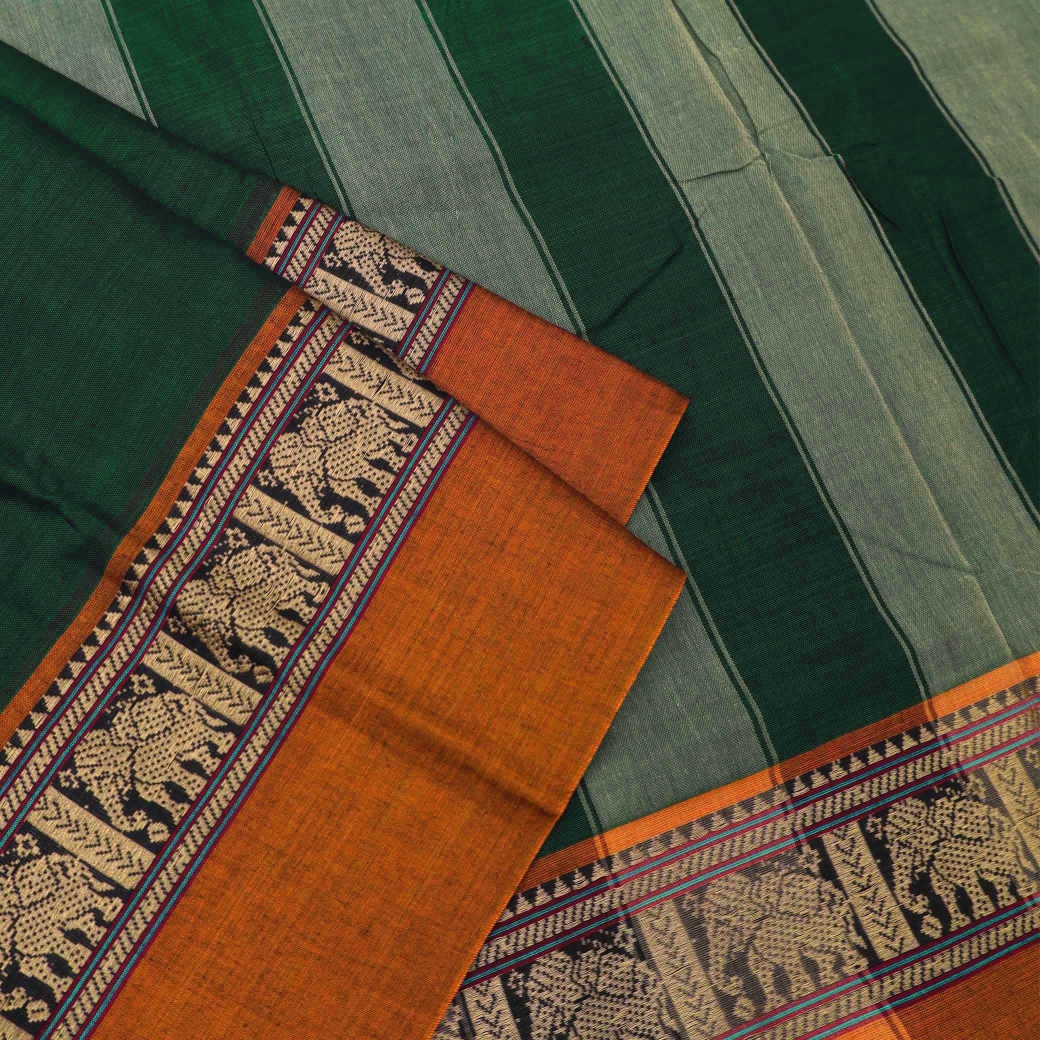 Green With Orange Traditional Narayanpet Cotton Saree with Contrast Border
