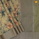 Dark Olive Green With Gold Border Tussar Silk With Floral Digital Prints saree