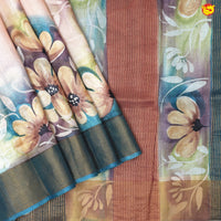 Pure Tussar Silk Saree Cream and Peacock Blue With Floral Design and Painted Prints and Zari Woven Border - Thenianantham