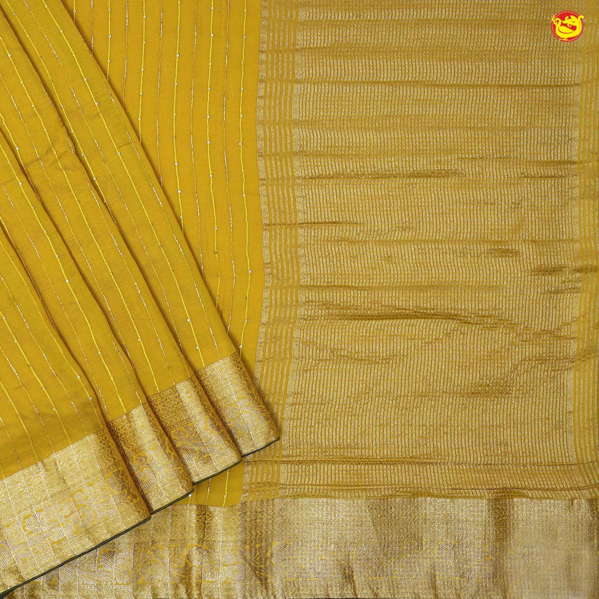 Mustard Yellow With Dark Olive Green Stripes and Sequins Design Raw Silk Designer Saree with Readymade Designer HandWork Blouse