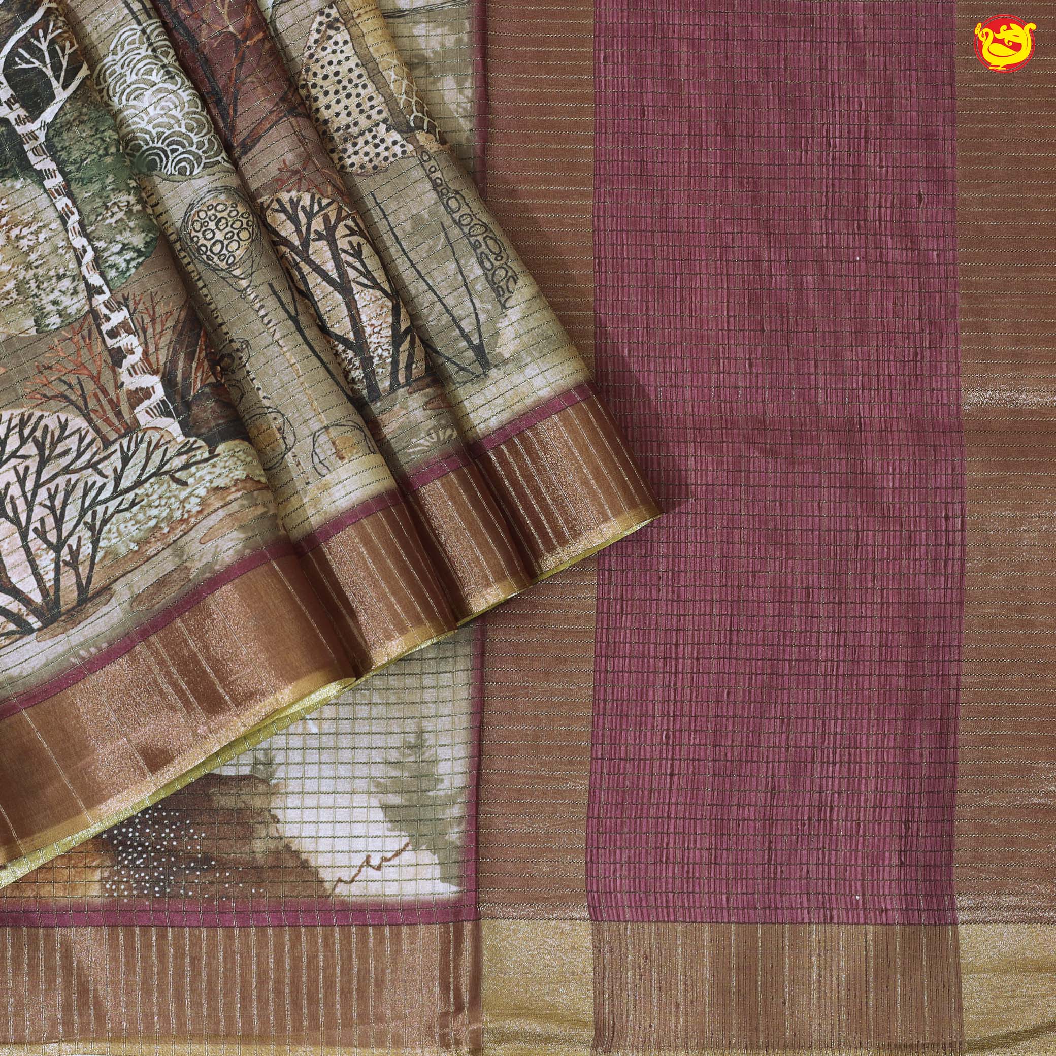 Light Olive Green With Dark Onion Pink Floral Design Zari Border Digital Print Semi Linen Saree